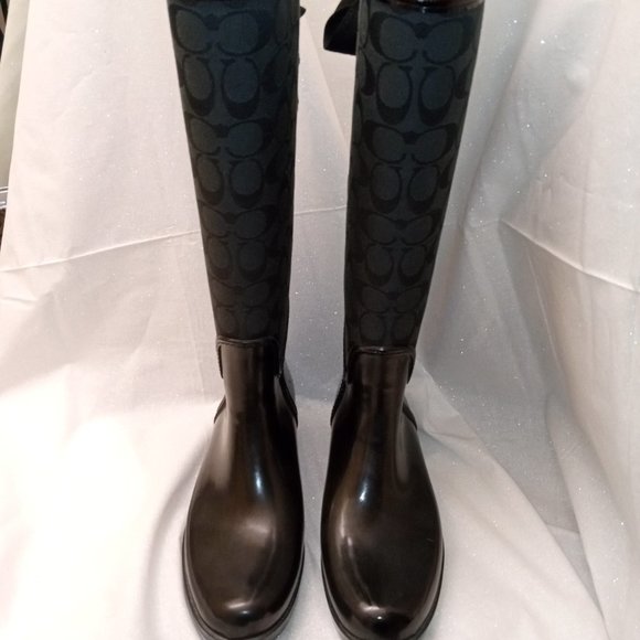 * COACH, Trist, Signature Black Grey Boots Rainboots Rubber Canvas Size 9 - Picture 3 of 13